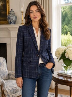 COURT & ROWE NAVY WINDOWPANE BLAZER SIZE 10 TAILORED CLASSIC JACKET